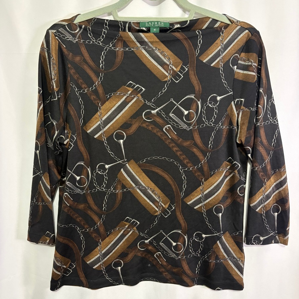 Lauren Ralph Lauren Silk Wool Equestrian Belt Chain Print Boat Neck Top Medium